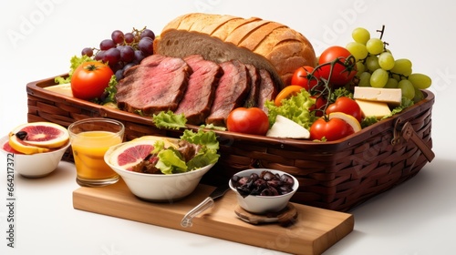 A picnic basket, brimming with delicious food, stands out vibrantly against a white background