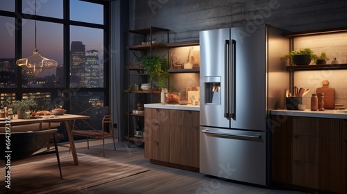 A sleek stainless steel refrigerator stands tall, offering modern cooling solutions photo