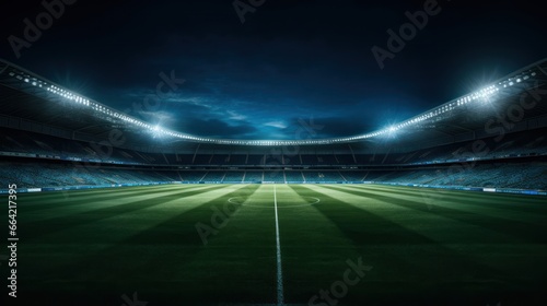 A professional soccer pitch glistens under stadium lights