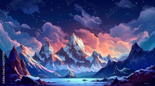 Snow peaks and glaciers on the dark sky landscape illustration. photo