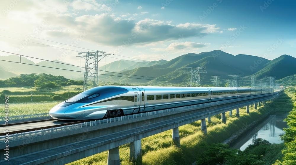 The high-speed bullet train zooms across landscapes, epitomizing modern transportation - obrazy, fototapety, plakaty 