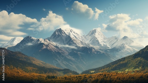 Majestic mountains rise, their peaks touching the sky, offering breathtaking vistas