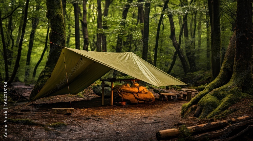 A waterproof camping tarp provides shelter against the elements A waterproof camping tarp provides shelter against the elements