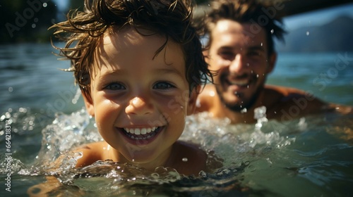 Father and son smile and laugh joyfully  father hugs and teaches his son to swim in the water in the sea or pool  concept of fatherly love and education