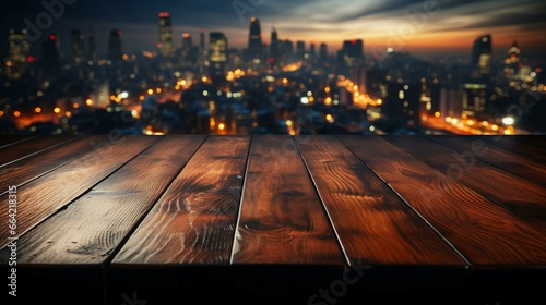 Surface of wooden table and view of big modern city from above background