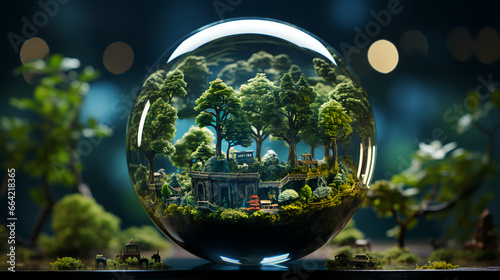 Green natural environmentally friendly wood in a glass dome sphere. Concept green energy ecologist and care for the environment