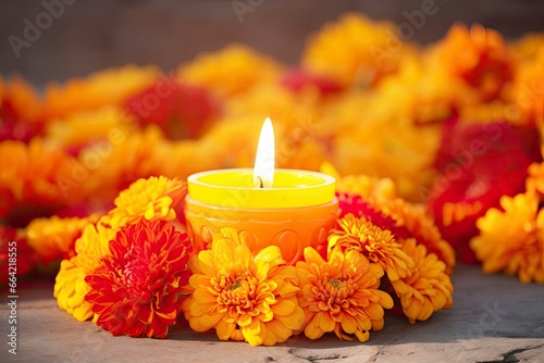 Candles and marigold flowers. Day of the dead concept dia de los muertos.