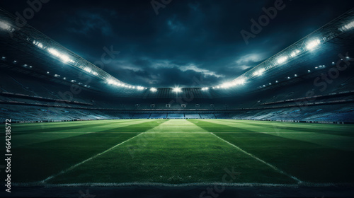 A professional soccer pitch glistens under stadium lights © PRI