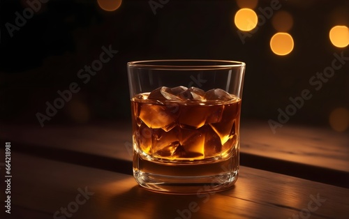Whiskey filled glass on wooden table with Bokeh lights background
