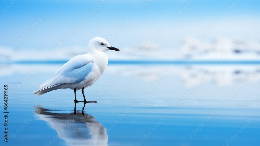 A pristine white seagull stands poised on calm waters, its reflection mirroring its grace