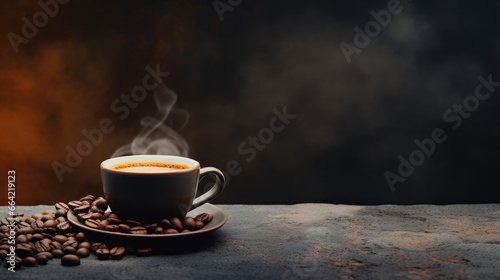 A steaming cup of coffee rests amidst roasted beans, set against a stone background