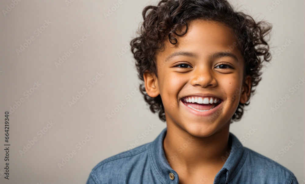 a professional portrait studio photo of a cute child model with perfect clean teeth laughing and smiling. isolated on white background.