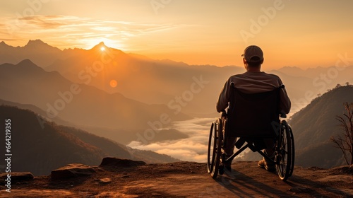 Amidst the grandeur of mountains at sunset, a disabled man in a wheelchair gazes into the horizon, embodying resilience and hope