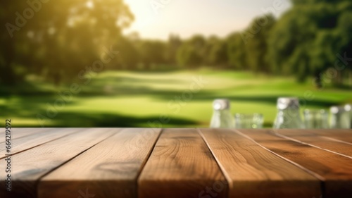 The empty wooden brown table top with blur background of country club. Exuberant image. generative AI