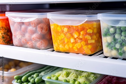 Frozen food in the freezer. Frozen vegetables.