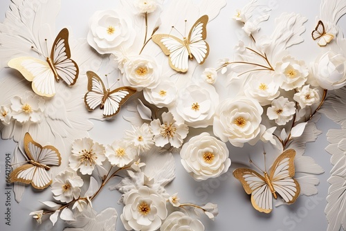 Goden butterflies with white flowers.