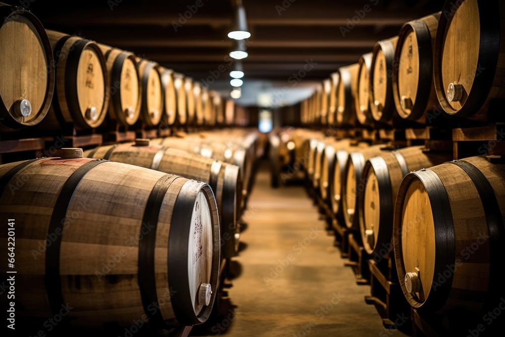 Wooden oak Port barrels in neat rows