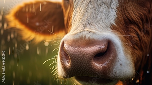 Close-up of the nose and nostrils of a cow in the pasture