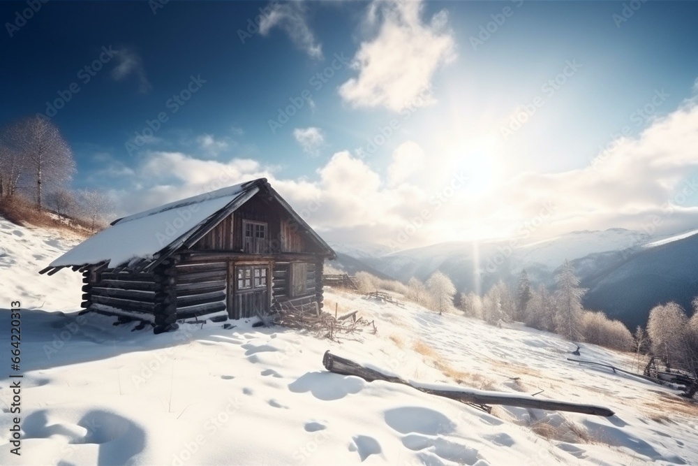 Sunny winter mountain landscape with rustic wooden house. Generative AI
