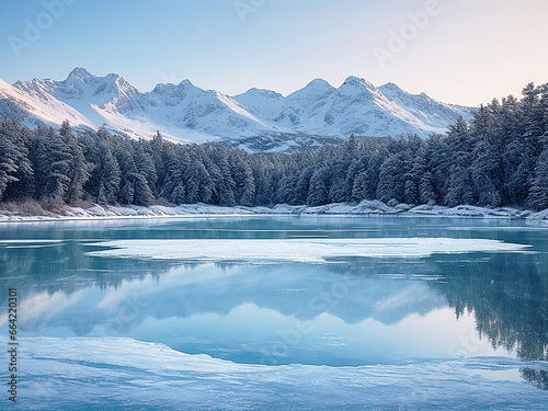 Beautiful shot of the water reflecting the snowy trees under a blue sky, great for a background