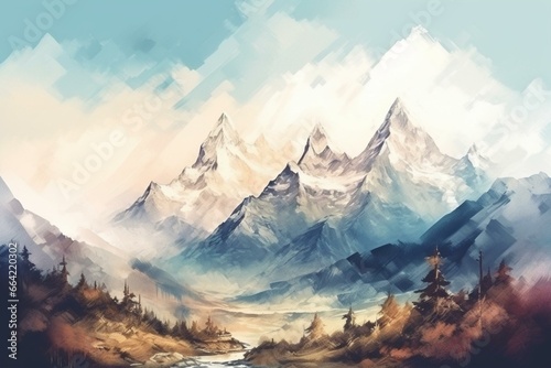 Beautiful Himalaya mountains in Nepal's Sagarmatha National Park, depicted in watercolor style. Generative AI
