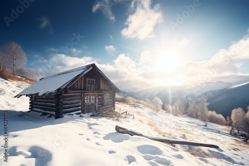 Sunny winter mountain landscape with rustic wooden house. Generative AI © Sirius