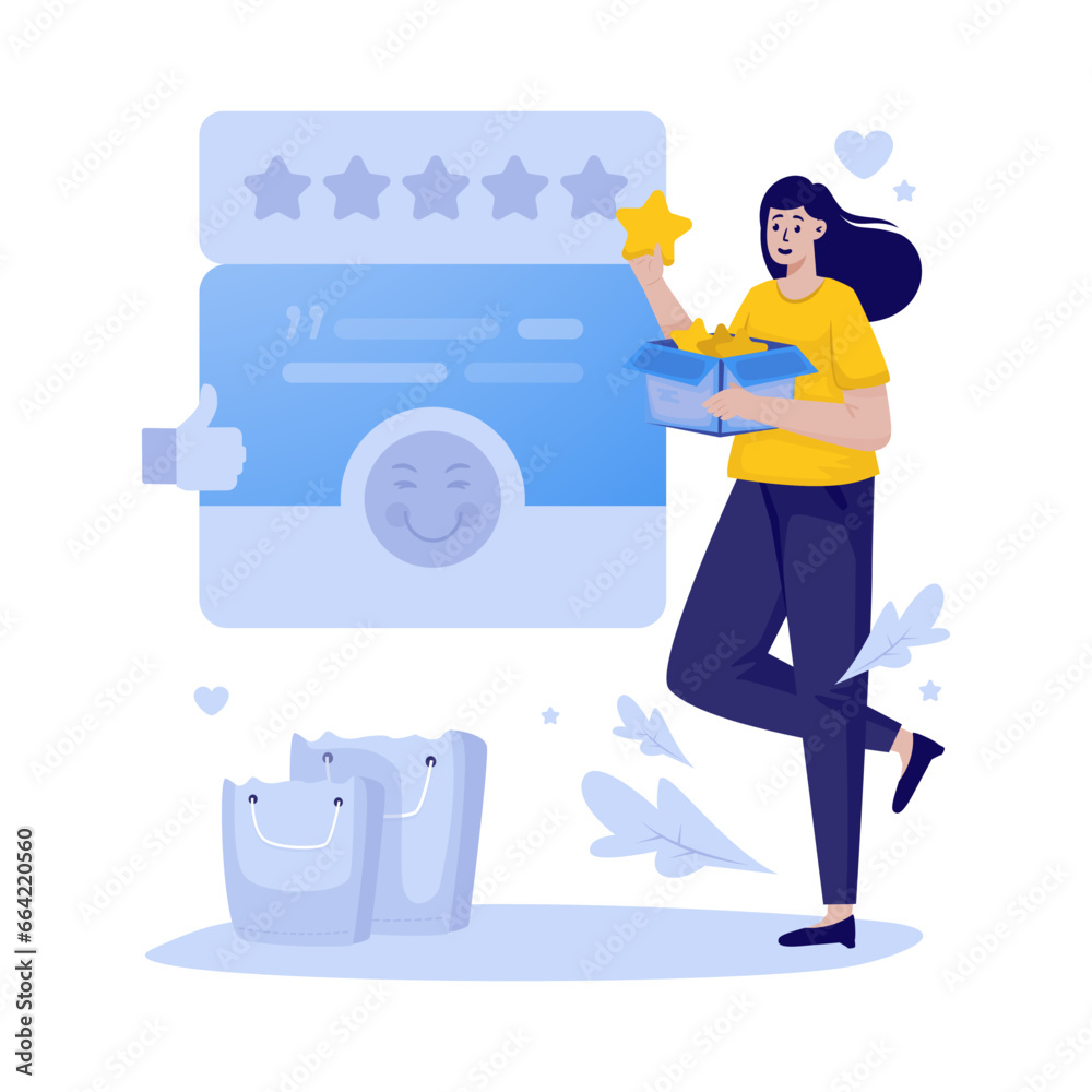 A woman gives a star rating feedback vector illustration