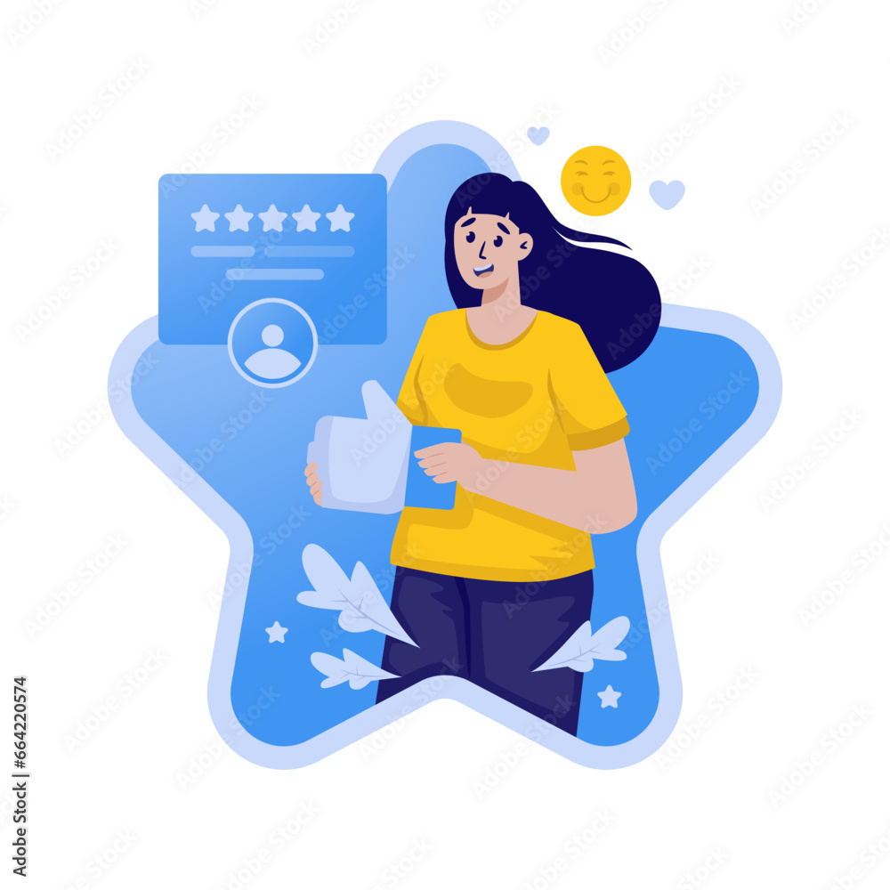 A woman gives feedback like sign and star rating vector illustration