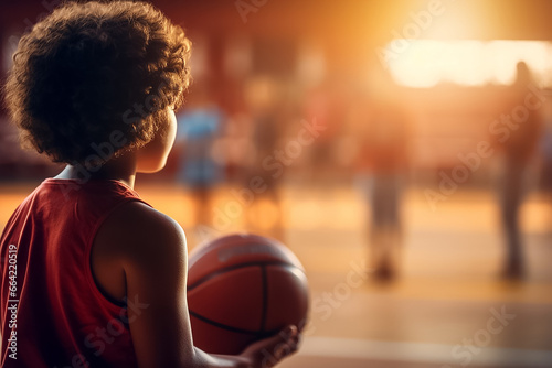 Photography of a child is holding a basketball in a gym , sport court in P.E. class of an elementary, a kindergarten school, Generative AI.