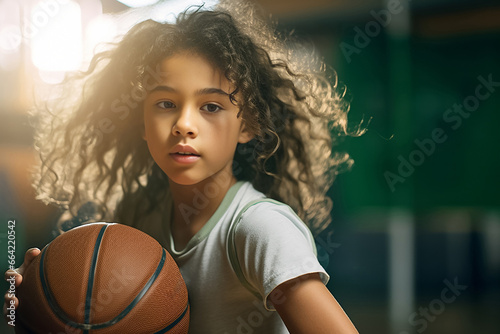 Photography of a child is holding a basketball in a gym , sport court in P.E. class of an elementary, a kindergarten school, Generative AI.