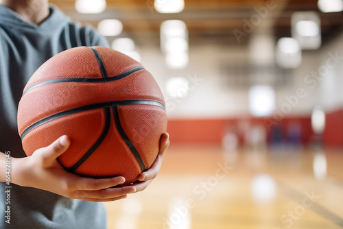 Photography of a child is holding a basketball in a gym , sport court in P.E. class of an elementary, a kindergarten school, Generative AI. © Surachetsh