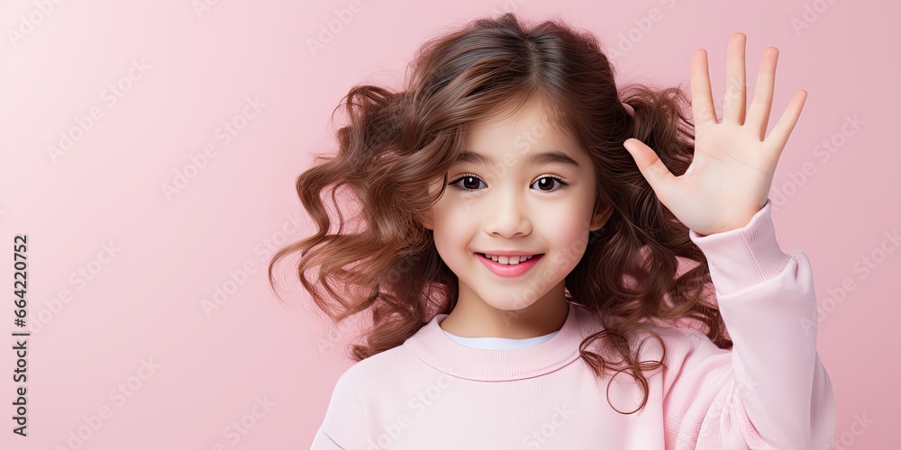 cute girl is raising her hand, pastel background , generative AI