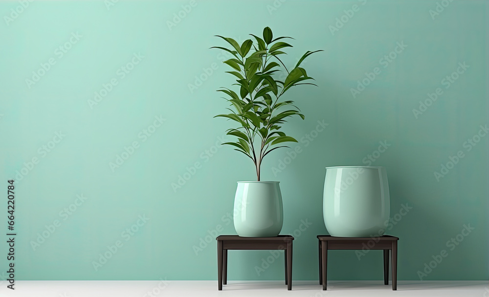 a set of two green plant stands with a jar a set of two green plant stands with a jar