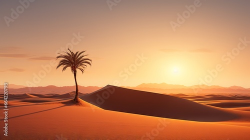  a palm tree in the middle of a desert at sunset. generative ai