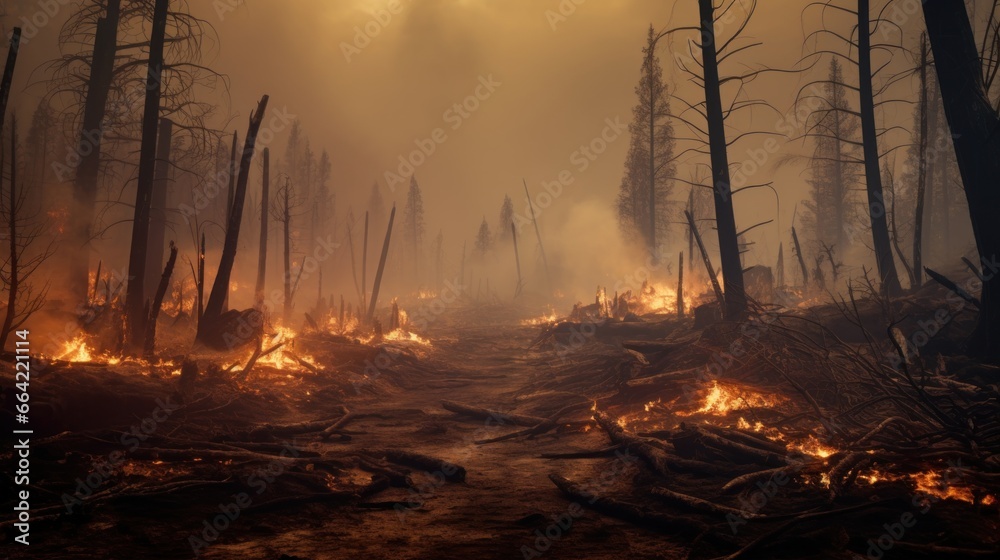 Great wildfire burning the a large forest, global crisis of climate change, protecting the world from global boiling crisis. Great wildfire burning the a large forest, global crisis of climate change, protecting the world from global boiling crisis.