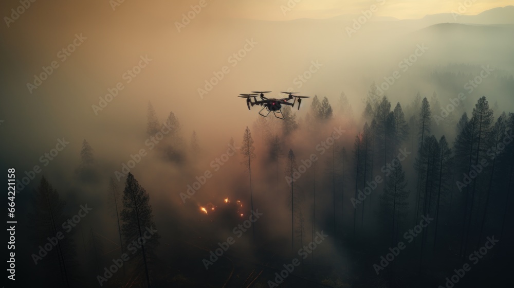 Drone to survey flight to help extinguish forest fires in great wildfire. - obrazy, fototapety, plakaty 