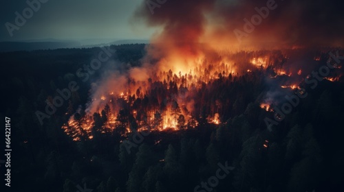 Great wildfire burning the a large forest, global crisis of climate change, protecting the world from global boiling crisis.