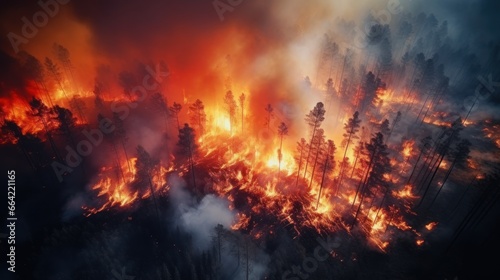 Great wildfire burning the a large forest, global crisis of climate change, protecting the world from global boiling crisis. © sawitreelyaon