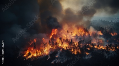 Great wildfire burning the a large forest  global crisis of climate change  protecting the world from global boiling crisis.