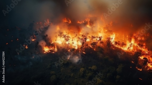 Great wildfire burning the a large forest, global crisis of climate change, protecting the world from global boiling crisis.