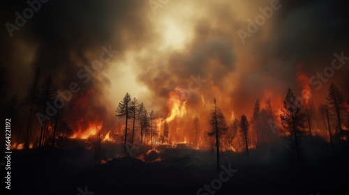 Great wildfire burning the a large forest, global crisis of climate change, protecting the world from global boiling crisis.