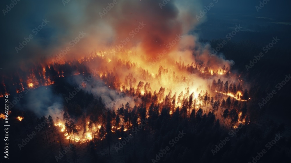 Great wildfire burning the a large forest, global crisis of climate change, protecting the world from global boiling crisis.