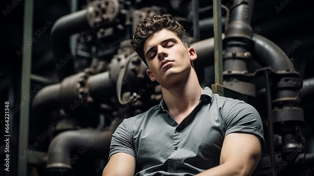 Young man in a dark, industrial room, wearing a tie, with a serious and contemplative expression.