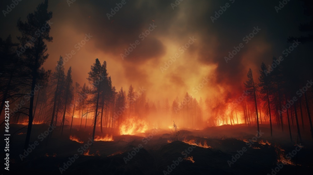 Great wildfire burning the a large forest, global crisis of climate change, protecting the world from global boiling crisis.