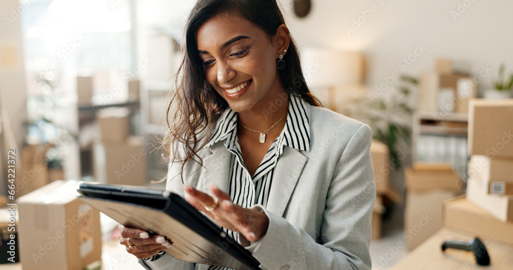 Happy woman, tablet and boxes in small business, logistics or supply chain at retail store. Female person smile with technology for shipping, communication or online networking at shop or warehouse - obrazy, fototapety, plakaty 