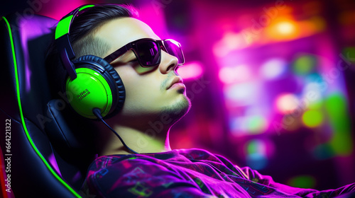 Young man in headphones and sunglasses, immersed in leisure and entertainment, seated in a gaming or relaxation setting.