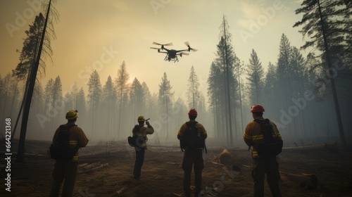 Tableau sur toile Volunteers using drone to survey flight to help extinguish forest fires in great wildfire