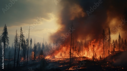 Great wildfire burning the a large forest  global crisis of climate change  protecting the world from global boiling crisis.