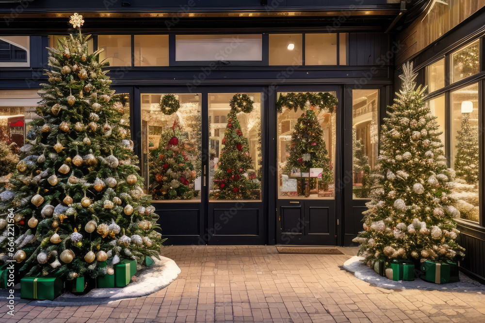 Christmas trees and decoration in front of the shop, winter street market Christmas trees and decoration in front of the shop, winter street market