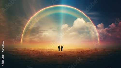  two people standing in the middle of a desert under a rainbow. generative ai